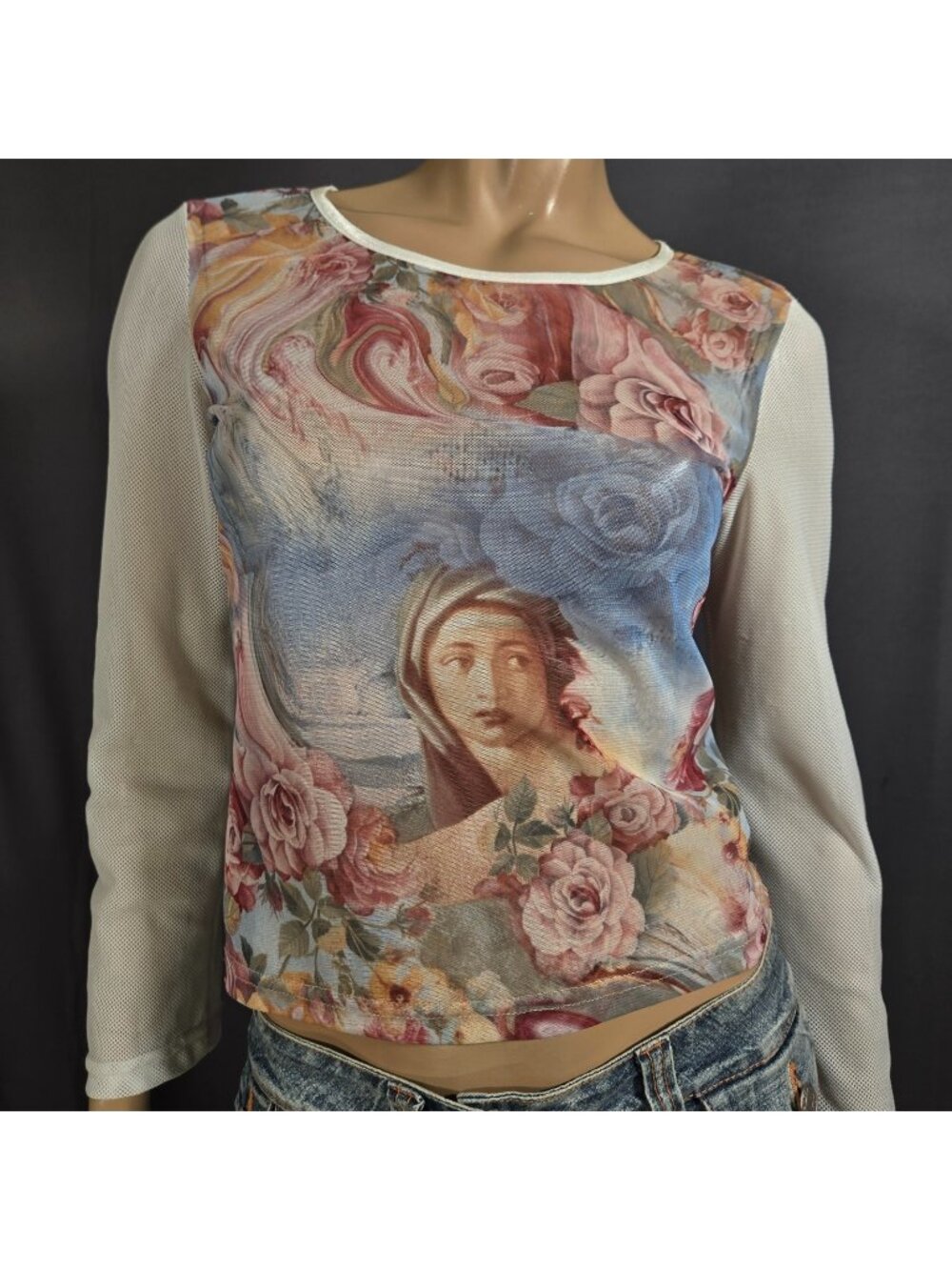Vintage 90s Mesh Renaissance Art Print Top Long sleeve Size M Fairy Grunge
